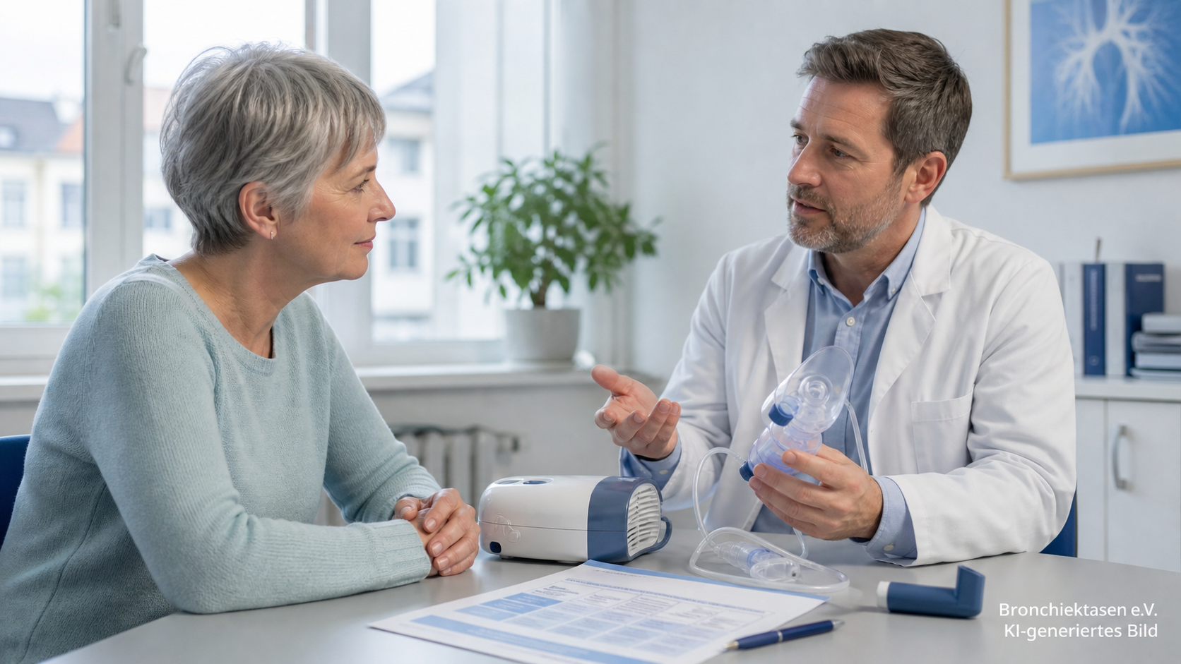Eine Patientin bespricht mit einem Arzt ein geeignetes Inhalationsgerät bei Bronchiektasen. KI-generiertes Bild.