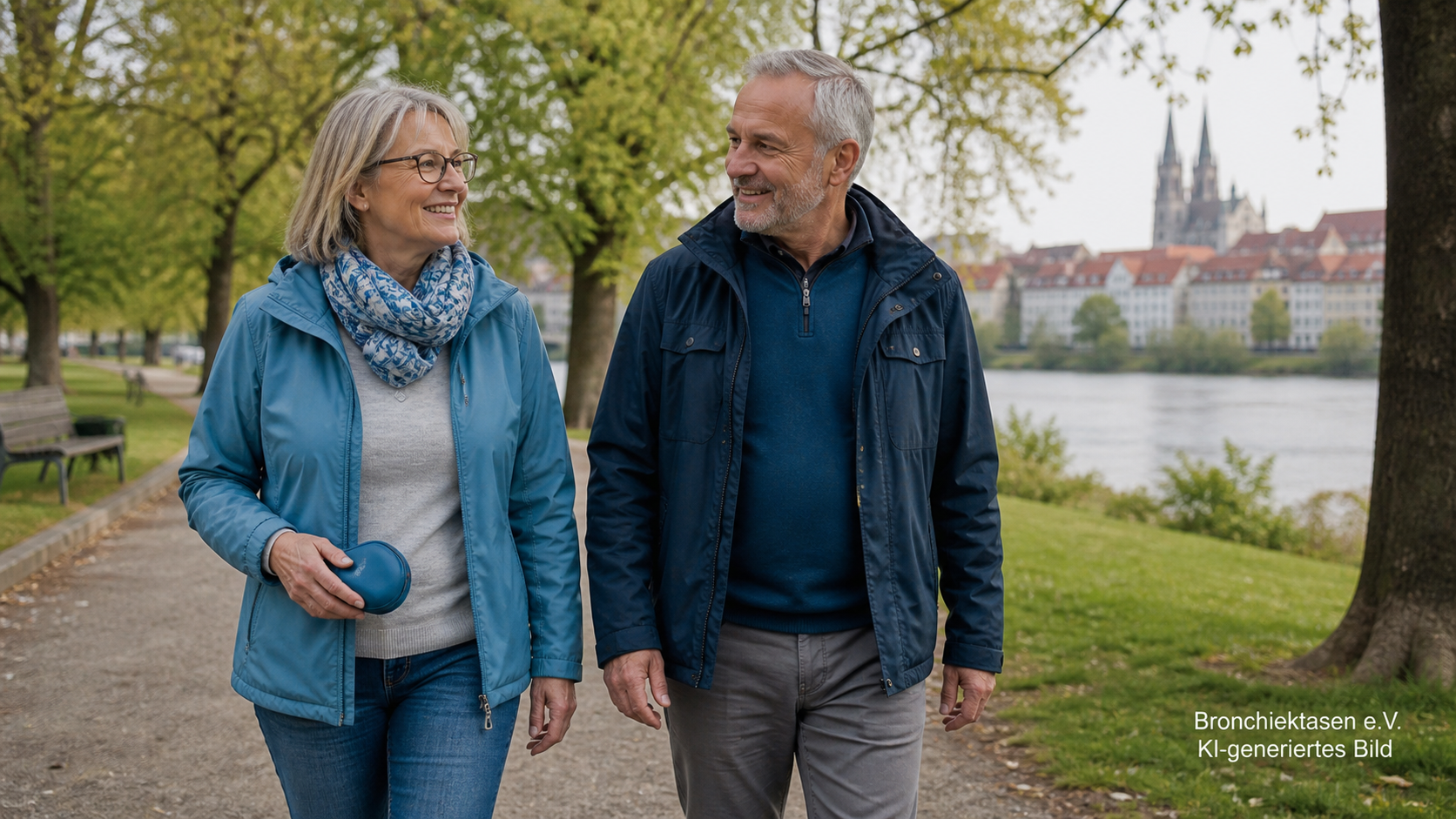 Zwei ältere Menschen bewegen sich gemeinsam in einem europäischen Stadtpark, KI-generiertes Bild