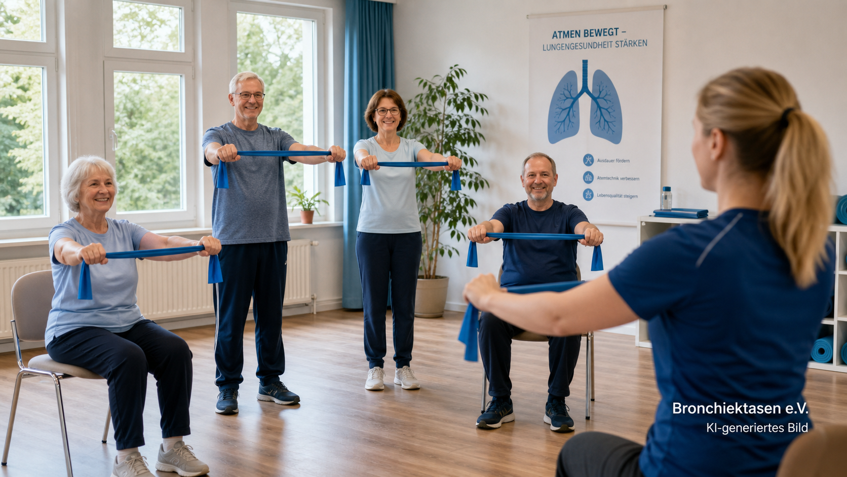 Eine Lungensportgruppe trainiert mit Übungsbändern und Stühlen, KI-generiertes Bild
