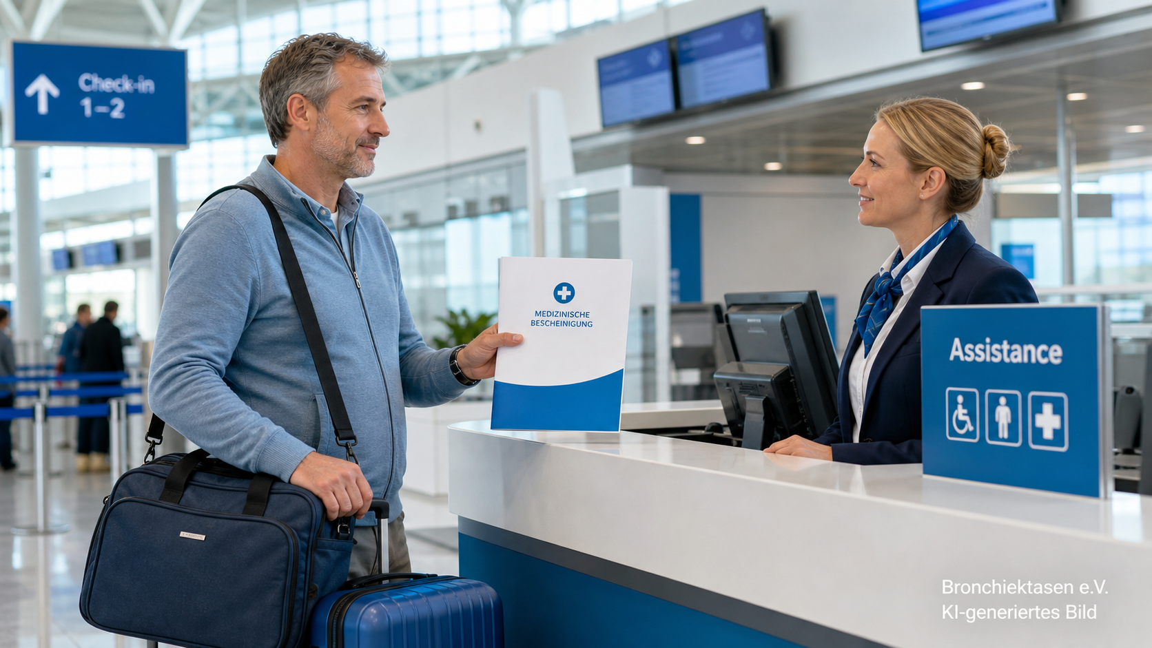 Reisender zeigt am Flughafen eine medizinische Bescheinigung und führt seine medizinische Ausrüstung im Handgepäck mit, KI-generiertes Bild