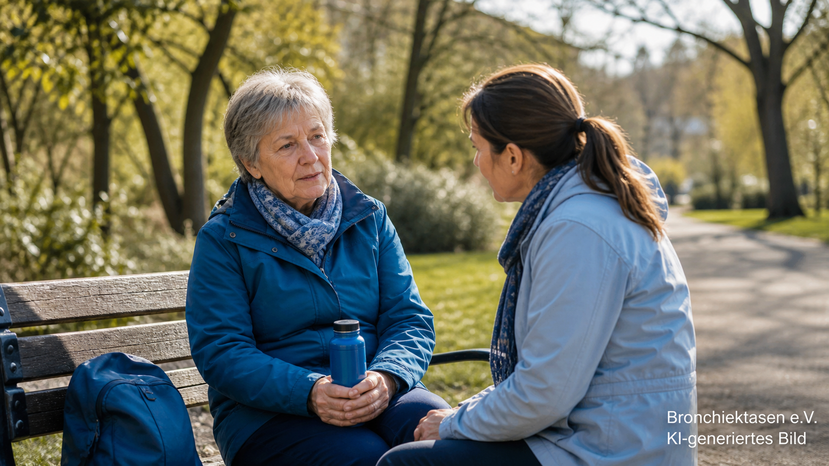 Eine Patientin macht bei einem Spaziergang eine geplante Pause und spricht mit einer Begleitperson.