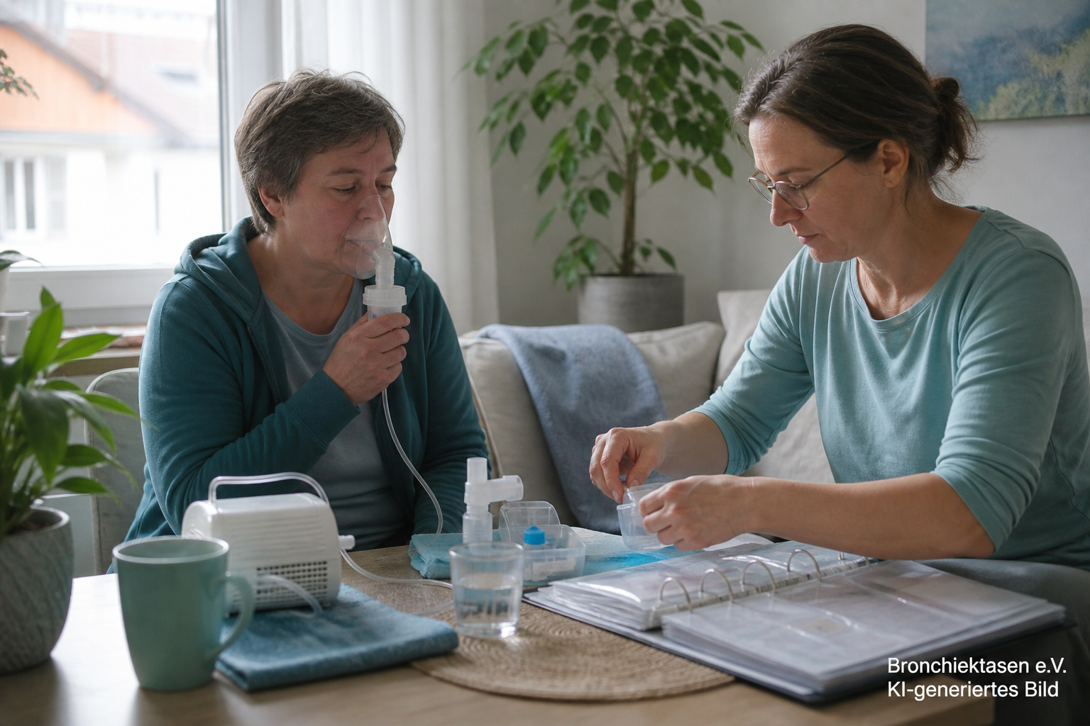 Eine Person inhaliert zu Hause, während eine Angehörige bei Therapieplan und Zubehör unterstützt