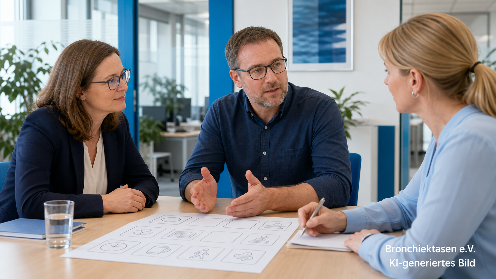 Eine beschäftigte Person bespricht mit Arbeitgeberin und Beratung mögliche Anpassungen am Arbeitsplatz.