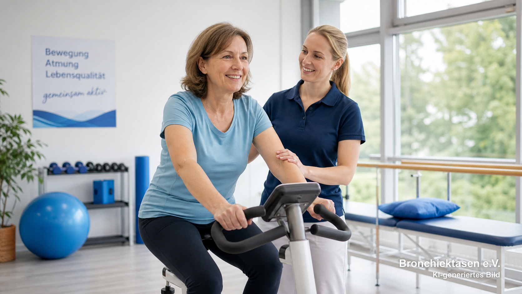 Eine Frau trainiert begleitet auf einem Fahrrad-Ergometer, KI-generiertes Bild