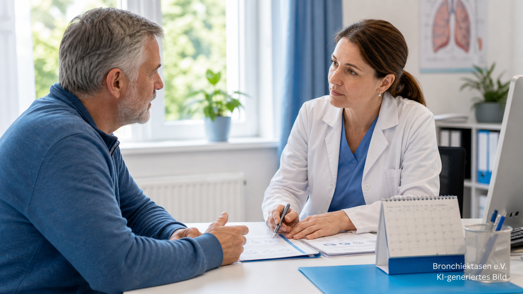 Ein Patient bespricht mit einer Lungenfachärztin den Reha-Antrag und seine Reha-Ziele bei Bronchiektasen. KI-generiertes Bild.