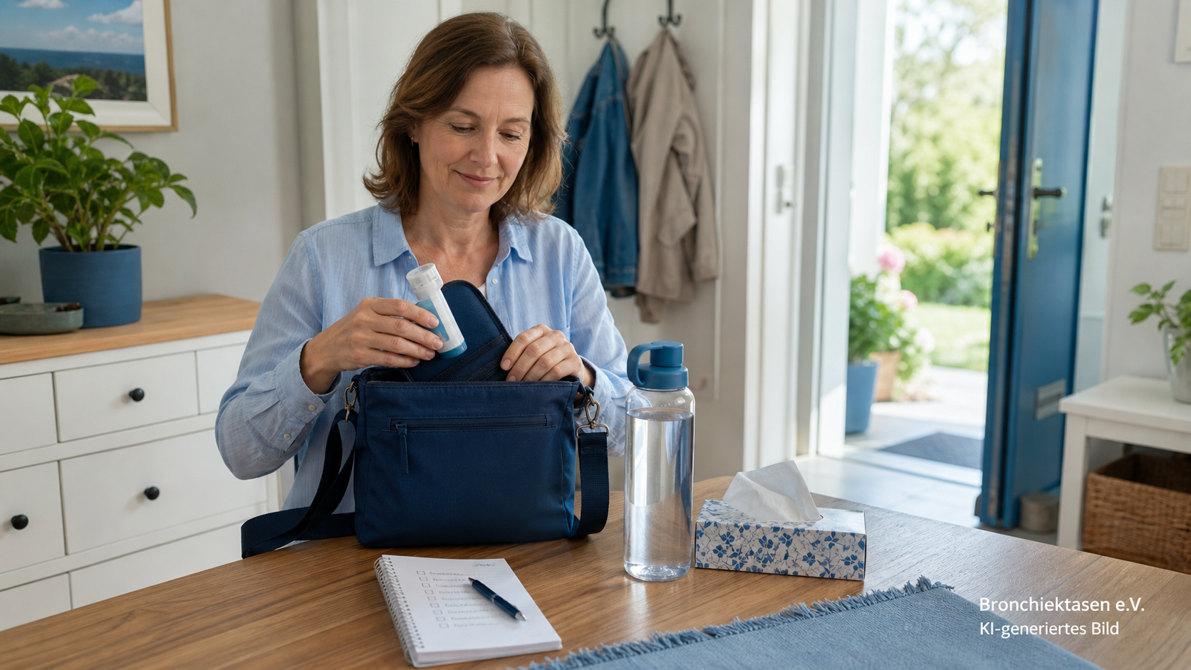 Eine Frau packt ihre Therapiehilfen für einen Tag unterwegs ein, KI-generiertes Bild