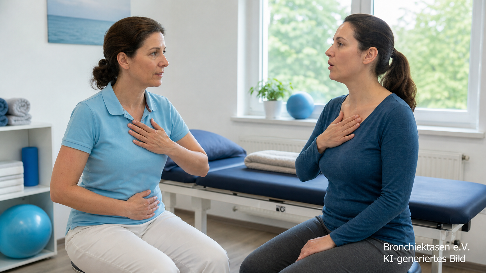 Patientin erlernt Atemphysiotherapie zum Sekretlösen bei Bronchiektasen, KI-generiertes Bild