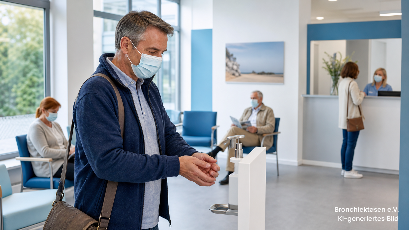 Mann mit Maske nutzt Händedesinfektion in einem hellen medizinischen Wartebereich, um sein Infektionsrisiko zu senken, KI-generiertes Bild