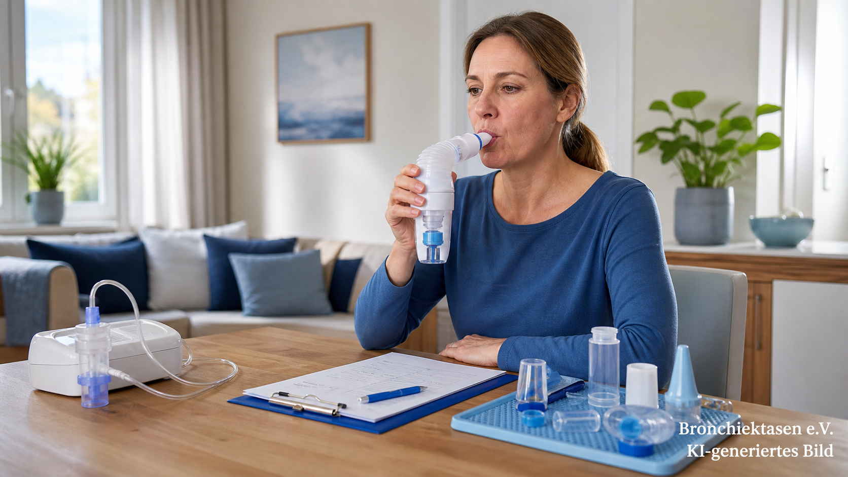 Patientin nutzt ein PEP-Gerät und achtet auf hygienische Reinigung, KI-generiertes Bild