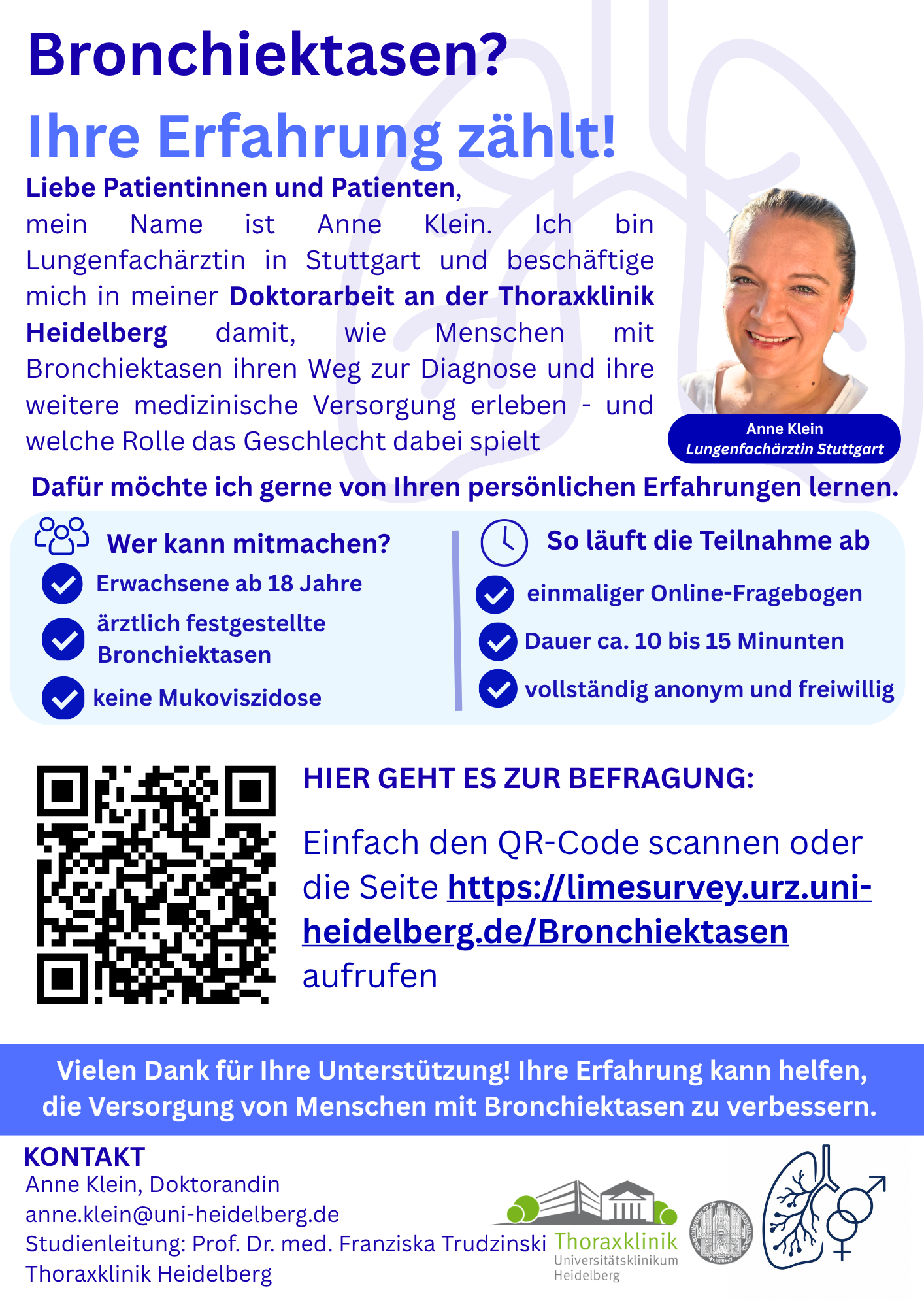 Flyer zur anonymen Patientenbefragung über Diagnoseweg und Versorgung bei Bronchiektasen.