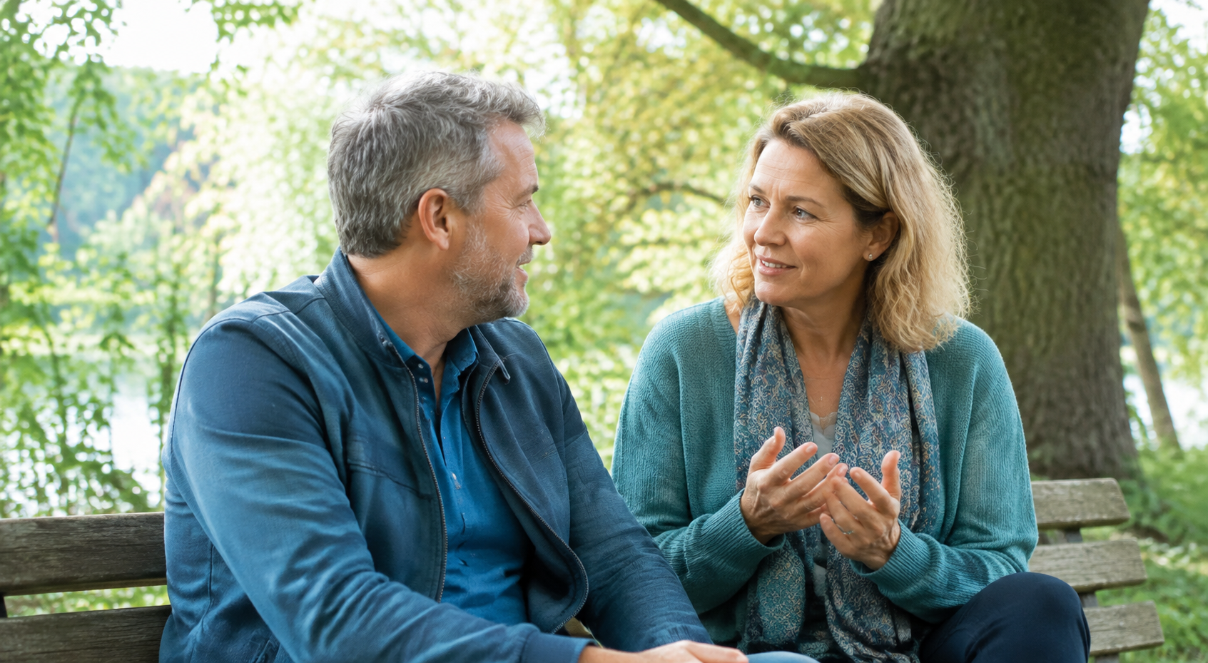 Zwei erwachsene Menschen sprechen einander zugewandt über Belastungen und Unterstützung. KI-generiertes Bild.